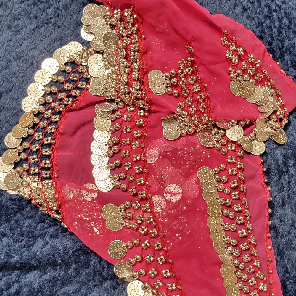 Pink Belly Dance Hip Scarf with Gold Coins